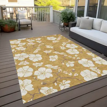 5' X 8' Gold Ivory And Brown Floral Washable Indoor Outdoor Area Rug