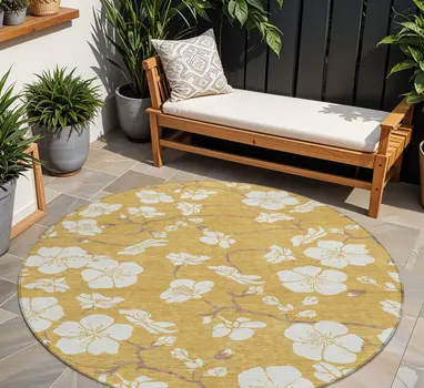8' Gold Ivory And Brown Round Floral Washable Indoor Outdoor Area Rug