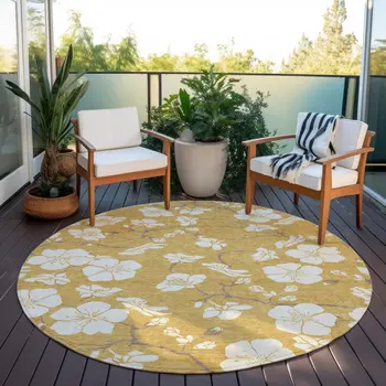 8' Gold Ivory And Brown Round Floral Washable Indoor Outdoor Area Rug