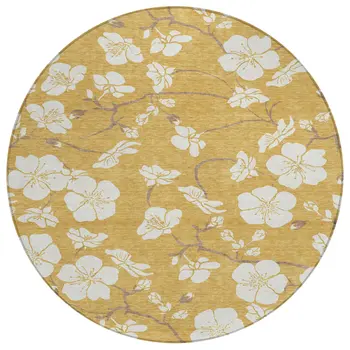 8' Gold Ivory And Brown Round Floral Washable Indoor Outdoor Area Rug