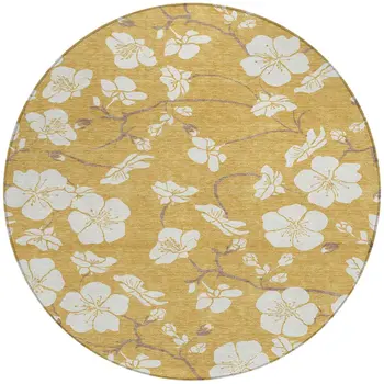 8' Gold Ivory And Brown Round Floral Washable Indoor Outdoor Area Rug