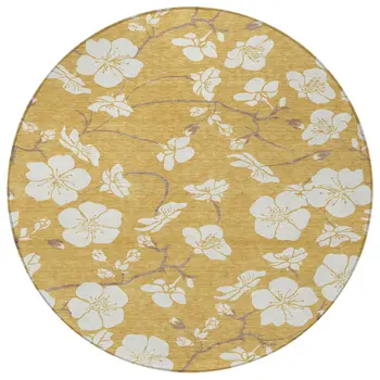 8' Gold Ivory And Brown Round Floral Washable Indoor Outdoor Area Rug