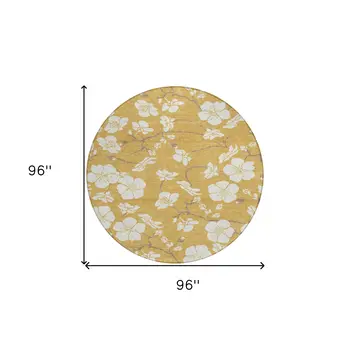 8' Gold Ivory And Brown Round Floral Washable Indoor Outdoor Area Rug