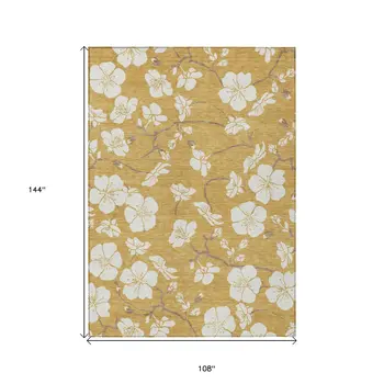9' X 12' Gold Ivory And Brown Floral Washable Indoor Outdoor Area Rug