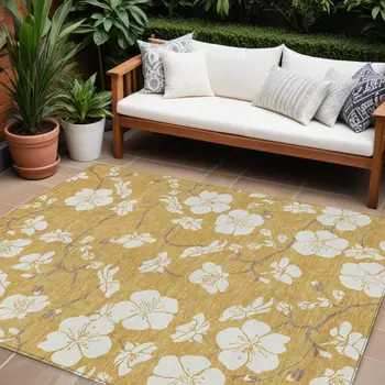 10' X 14' Gold Ivory And Brown Floral Washable Indoor Outdoor Area Rug