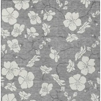 3' X 5' Gray And Ivory Floral Washable Indoor Outdoor Area Rug