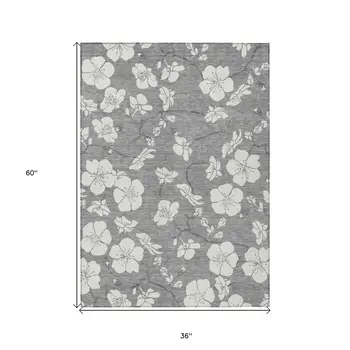 3' X 5' Gray And Ivory Floral Washable Indoor Outdoor Area Rug