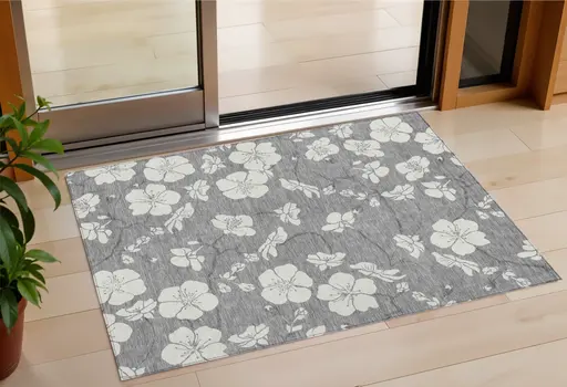 3' X 5' Gray And Ivory Floral Washable Indoor Outdoor Area Rug