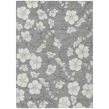 3' X 5' Gray And Ivory Floral Washable Indoor Outdoor Area Rug