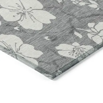 3' X 5' Gray And Ivory Floral Washable Indoor Outdoor Area Rug