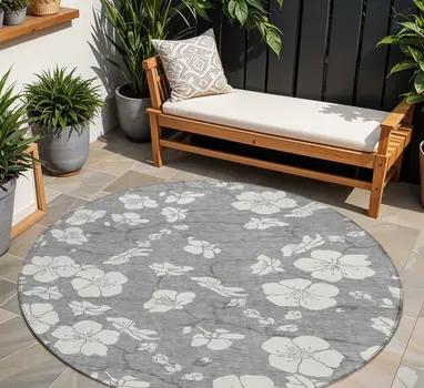 8' Gray And Ivory Round Floral Washable Indoor Outdoor Area Rug