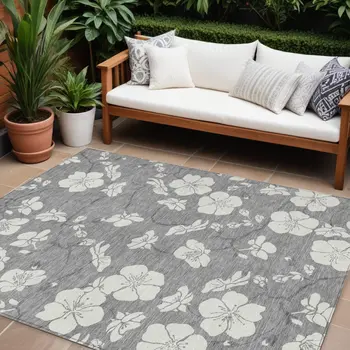 10' X 14' Gray And Ivory Floral Washable Indoor Outdoor Area Rug