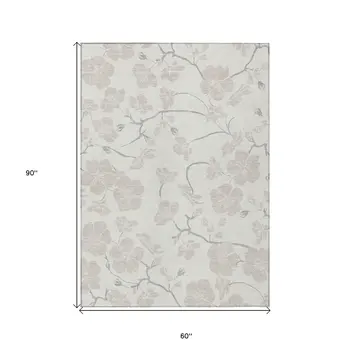 5' X 8' Ivory And Gray Floral Washable Indoor Outdoor Area Rug