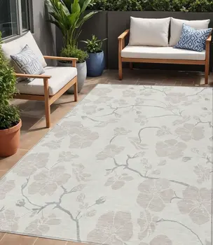 5' X 8' Ivory And Gray Floral Washable Indoor Outdoor Area Rug