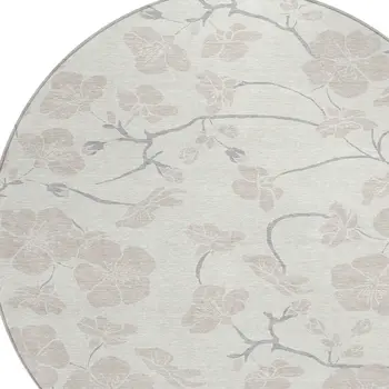 8' Ivory And Gray Round Floral Washable Indoor Outdoor Area Rug