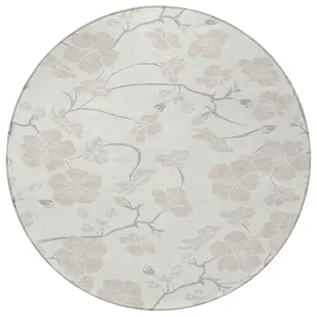8' Ivory And Gray Round Floral Washable Indoor Outdoor Area Rug