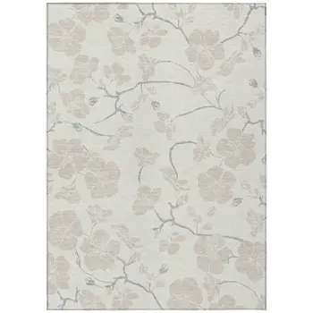 8' X 10' Ivory And Gray Floral Washable Indoor Outdoor Area Rug