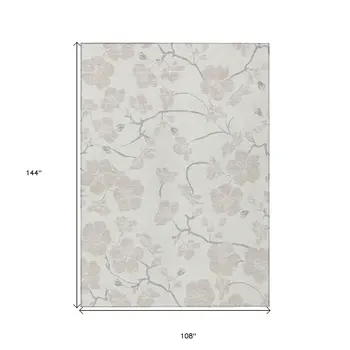 9' X 12' Ivory And Gray Floral Washable Indoor Outdoor Area Rug