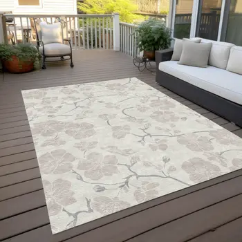 9' X 12' Ivory And Gray Floral Washable Indoor Outdoor Area Rug