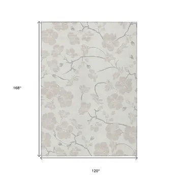 10' X 14' Ivory And Gray Floral Washable Indoor Outdoor Area Rug