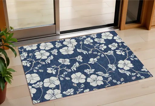 3' X 5' Navy Blue And Ivory Floral Washable Indoor Outdoor Area Rug