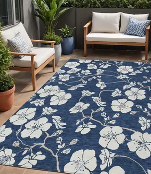 5' X 8' Navy Blue And Ivory Floral Washable Indoor Outdoor Area Rug