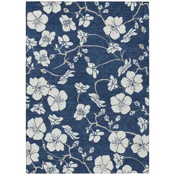 5' X 8' Navy Blue And Ivory Floral Washable Indoor Outdoor Area Rug