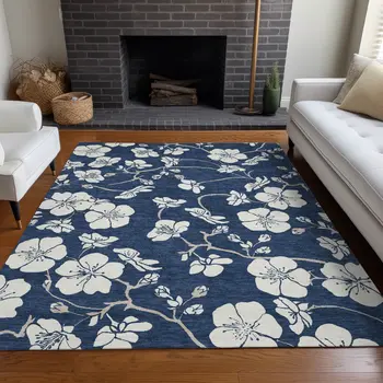 5' X 8' Navy Blue And Ivory Floral Washable Indoor Outdoor Area Rug