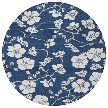 8' Navy Blue And Ivory Round Floral Washable Indoor Outdoor Area Rug