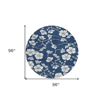 8' Navy Blue And Ivory Round Floral Washable Indoor Outdoor Area Rug
