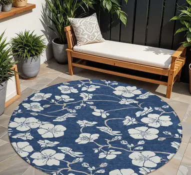 8' Navy Blue And Ivory Round Floral Washable Indoor Outdoor Area Rug