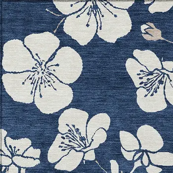 9' X 12' Navy Blue And Ivory Floral Washable Indoor Outdoor Area Rug