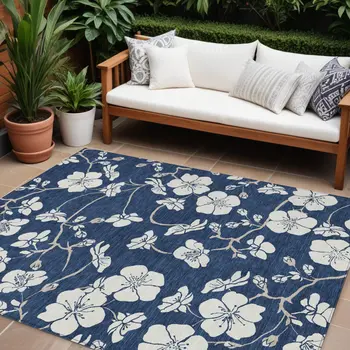 10' X 14' Navy Blue And Ivory Floral Washable Indoor Outdoor Area Rug