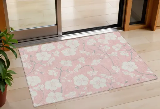 3' X 5' Pink Ivory And Gray Floral Washable Indoor Outdoor Area Rug