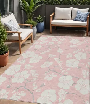 5' X 8' Pink Ivory And Gray Floral Washable Indoor Outdoor Area Rug