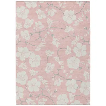 5' X 8' Pink Ivory And Gray Floral Washable Indoor Outdoor Area Rug