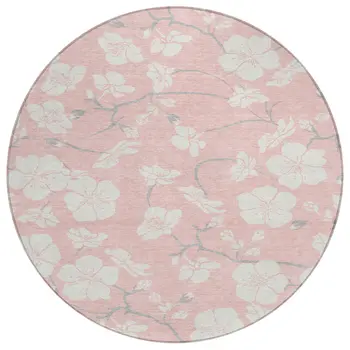 8' Pink Ivory And Gray Round Floral Washable Indoor Outdoor Area Rug