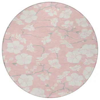 8' Pink Ivory And Gray Round Floral Washable Indoor Outdoor Area Rug