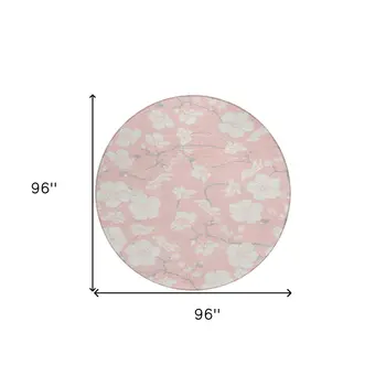 8' Pink Ivory And Gray Round Floral Washable Indoor Outdoor Area Rug