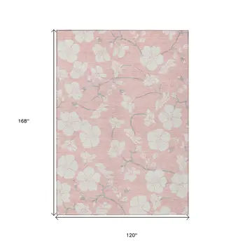 10' X 14' Pink Ivory And Gray Floral Washable Indoor Outdoor Area Rug