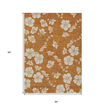 3' X 5' Copper Beige And Brown Floral Washable Indoor Outdoor Area Rug