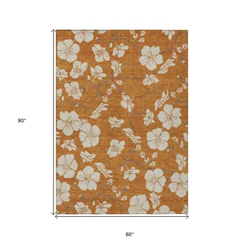 5' X 8' Copper Beige And Brown Floral Washable Indoor Outdoor Area Rug