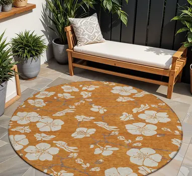 8' Copper Beige And Brown Round Floral Washable Indoor Outdoor Area Rug