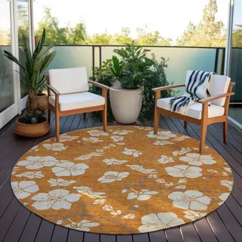 8' Copper Beige And Brown Round Floral Washable Indoor Outdoor Area Rug