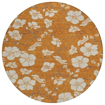 8' Copper Beige And Brown Round Floral Washable Indoor Outdoor Area Rug