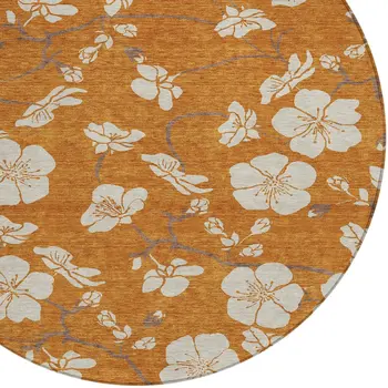 8' Copper Beige And Brown Round Floral Washable Indoor Outdoor Area Rug
