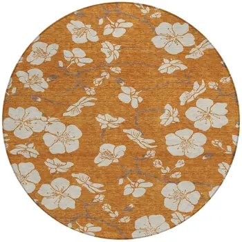 8' Copper Beige And Brown Round Floral Washable Indoor Outdoor Area Rug