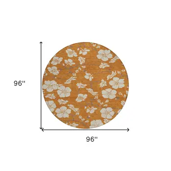8' Copper Beige And Brown Round Floral Washable Indoor Outdoor Area Rug