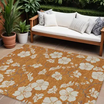 8' X 10' Copper Beige And Brown Floral Washable Indoor Outdoor Area Rug