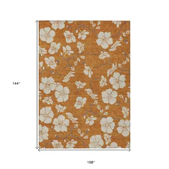 9' X 12' Copper Beige And Brown Floral Washable Indoor Outdoor Area Rug